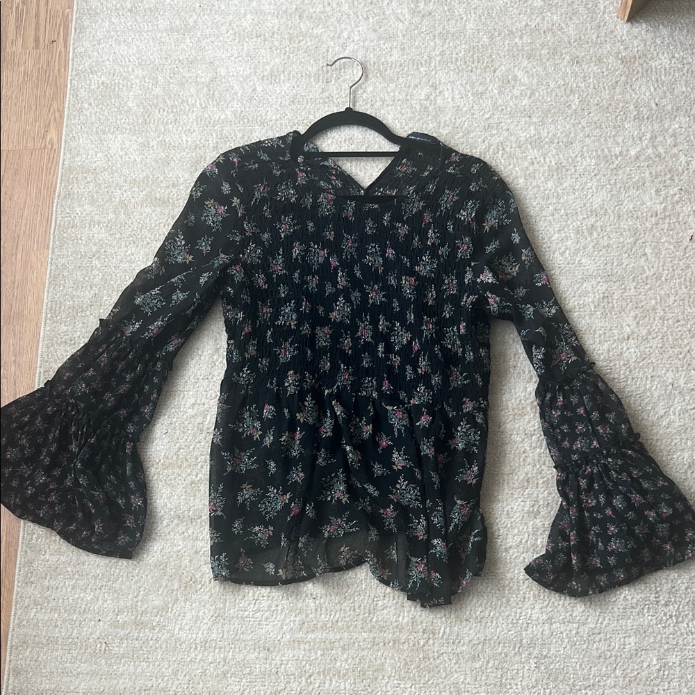 American Eagle Outfitters Black Floral Smocked Bell Sleeve Blouse